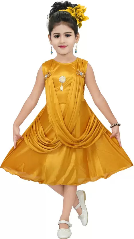 Girls Midi/Knee Length Casual Dress  (Yellow, Sleeveless)