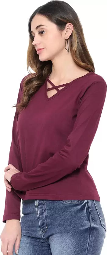 Women Solid V Neck Cotton Blend Maroon T-Shirt