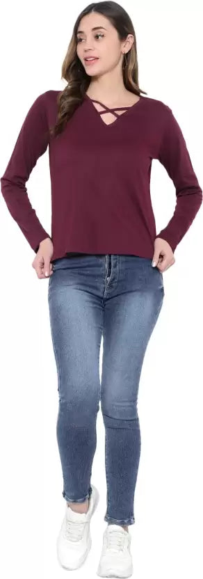 Women Solid V Neck Cotton Blend Maroon T-Shirt